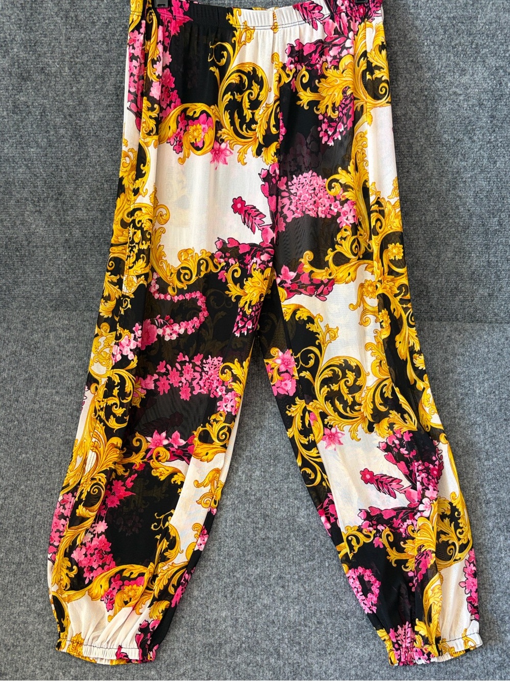 Primi Baroque Print Pants Womens M Black Pink Yellow Cropped Elastic Jogger
